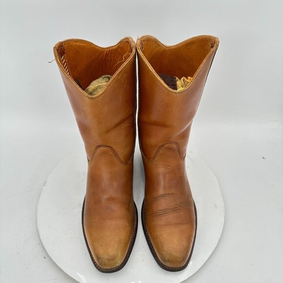 Double-H Women Size 7B Brown Tan Leather Pull On Low Heel Western Cowboy Boot - Picture 3 of 14